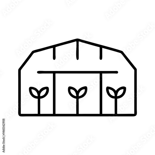 Black line icon of greenhouse with growing seedlings inside, minimalist vector symbol for plant nursery, garden center sales and seedling protection