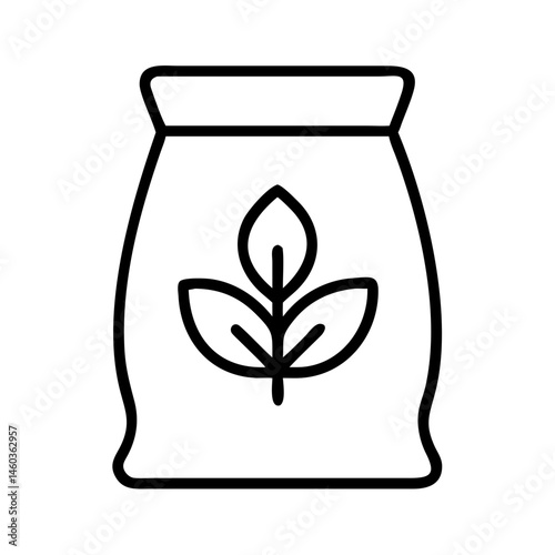 Black line icon of fertilizer or soil bag with leaf symbol, minimalist vector for gardening supplies, plant nutrients and garden center promotions