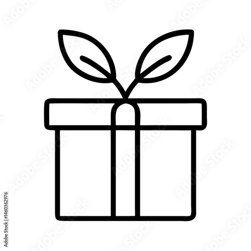 Black line icon of gift box with sprouting leaves, minimalist eco-friendly vector symbol for garden center promotions, green bonuses and sustainable rewards