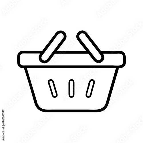 Minimalist black line icon of shopping basket, isolated on white background, flat vector symbol for garden center sale and retail promotions