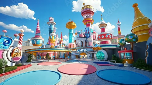 Colorful amusement park with whimsical architecture, vibrant attractions, and playful atmosphere