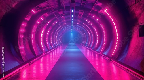 Neon-lit tunnel pathway with vibrant colors.