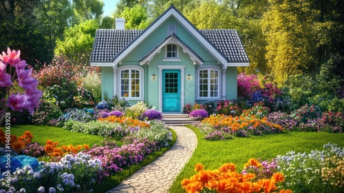Charming teal cottage nestled in a vibrant garden filled with colorful flowers and lush greenery
