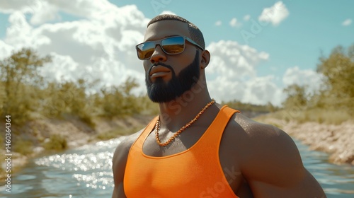 3d Render of a Confident Male Traveller Wearing a Bright Tank Top and Sunglasses Standing Near a River His Necklace Shining Under the Sun As He Enjoys His Holiday With an Original Background