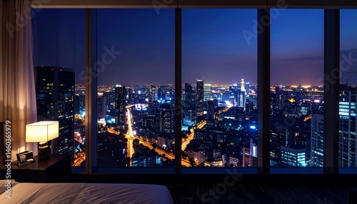 Night view of the city from the wide window of a luxury hotel penthouse