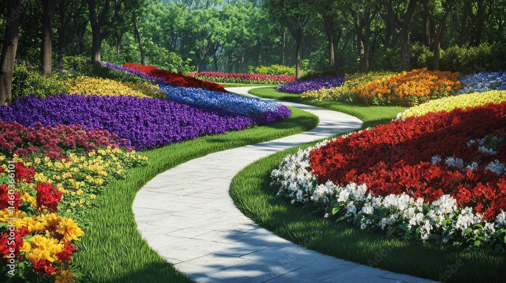 Obraz premium Winding pathway through vibrant flower beds. Lush greenery and colorful blooms surround a curving walkway, creating a picturesque garden scene
