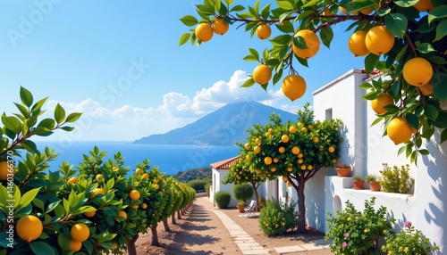 a serene depiction of a traditional sicilian lemon grove, with vibrant fruits and whitewashed villas under a blue sky