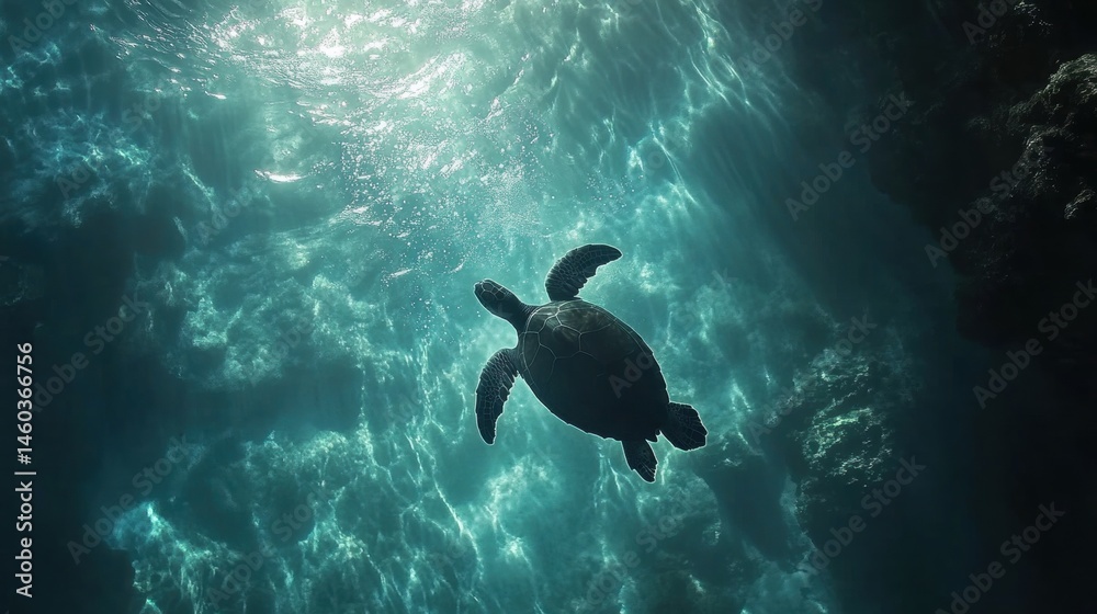 Obraz premium Underwater view of a sea turtle in the ocean depths.