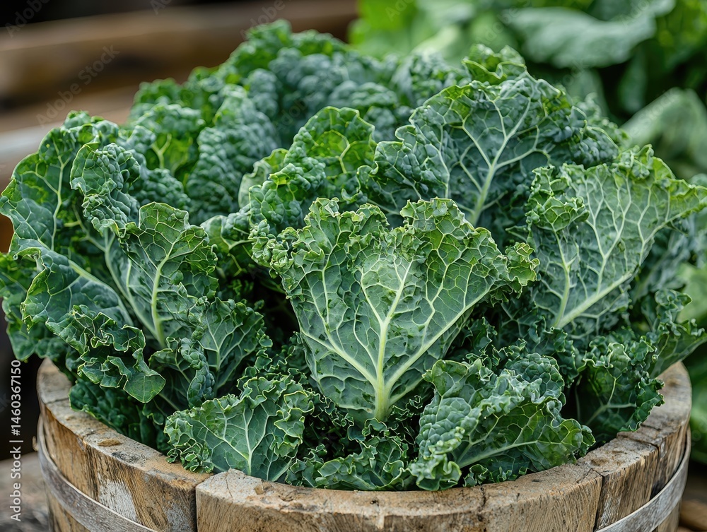 Naklejka premium Fresh Organic Kale in Wooden Barrel