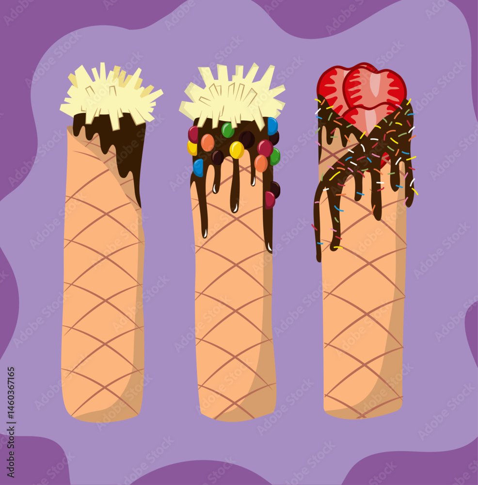 Fototapeta premium Marquesitas, dessert from Yucatan, Mexico, rolled crepe, street food, vector illustration