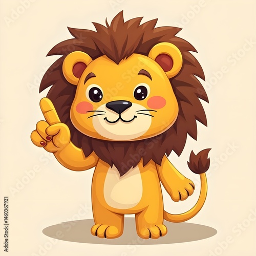 A cute clipart yellow orange-coloured lion holds one finger in the air as though making a point, suitable for business slide decks, presentations, help articles photo
