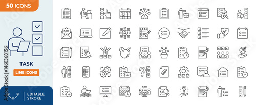 Task line editable icon set. Containing checklist, poll, multitasking, decision, voting, checkbox, checkmark and more. Editable stroke. Vector illustration