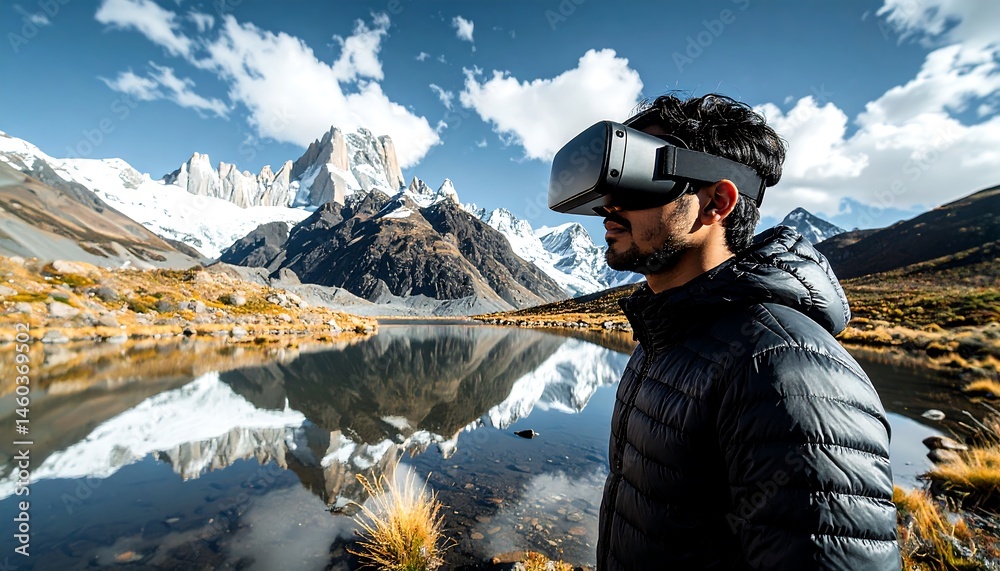Individual wearing virtual reality goggles in a natural mountainous environment. AI Generative