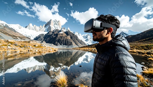 Obraz na płótnie Individual wearing virtual reality goggles in a natural mountainous environment. AI Generative w salonie