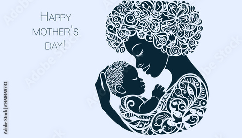 Afro-American mother cuddling her baby in a floral design card on Mother's Day with inscription