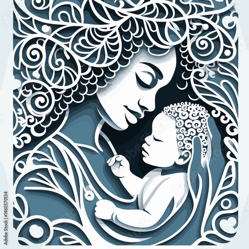 Lace paper cut white on blue of an afro american woman with a baby 