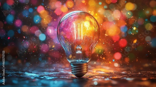 A colossal light bulb, radiating brilliance, explodes in a symphony of vibrant hues 