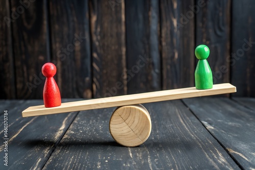 Balance and Equilibrium: A visual metaphor depicting balance and harmony with two wooden figures on a seesaw, symbolizing equilibrium and stability against a wooden plank background.