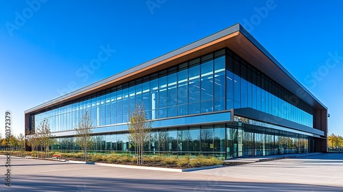 Wallpaper Mural Sleek corporate office building with sharp modern lines, reflective glass facade against a clear blue sky, showcasing contemporary architecture.   Torontodigital.ca