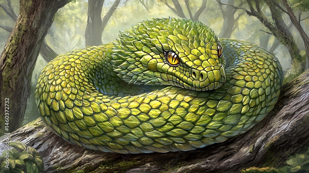 Fototapeta premium Fantasy green snake in forest
