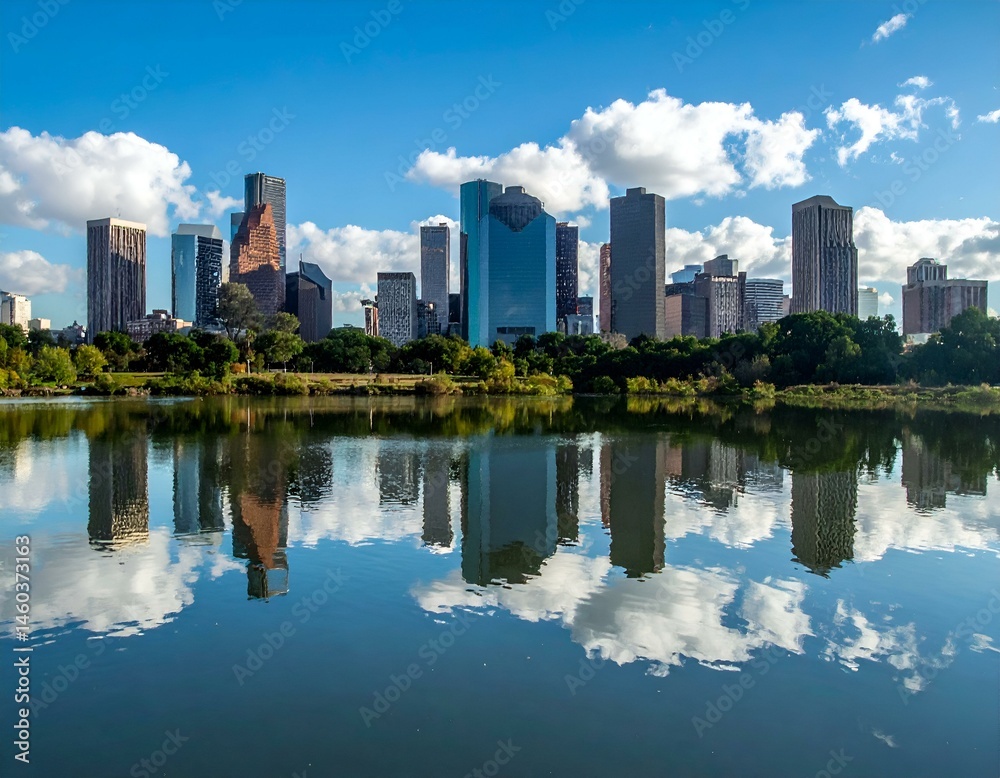 Fototapeta premium Stunning reflection of Houston skyline on calm water under a bright blue sky with fluffy clouds.