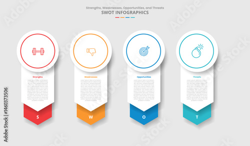 SWOT analysis for infographic with drop shadow style with big circle header and arrow stacked bottom direction with 4 point list information