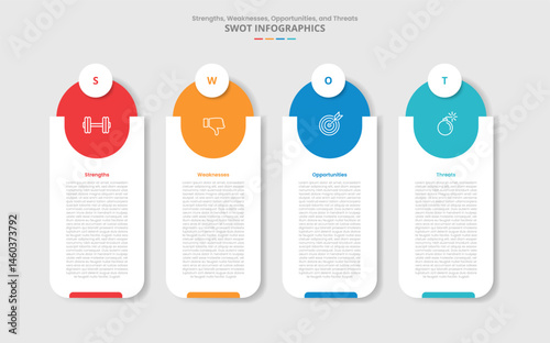 SWOT analysis for infographic with drop shadow style with vertical round rectangle box with big top circle with 4 point list information vector
