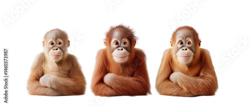 Three playful orangutans sitting together, showcasing their unique expressions in a vibrant setting photo