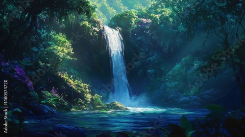 Lush tropical waterfall cascading into a tranquil pool.