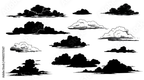 Asian clouds set simple black silhouette vector isolated on white background  -  