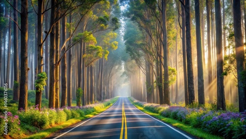 Sunlit Path Through a Misty Forest of Tall Trees with Blooming Wildflowers Along a Winding Road