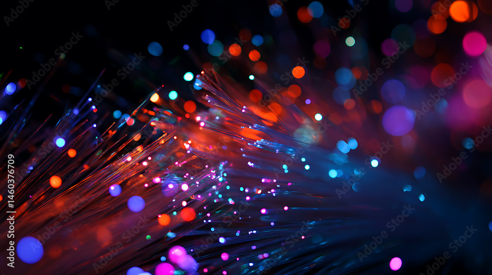 Close, up image showcasing the intricate details of fiber optic technology with glowing lights and vibrant colors Close, up image showcasing the intricate details of fiber optic technology with glowing lights and vibrant colors