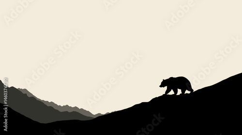 Bear on mountain range simple black silhouette vector isolated on white background  -  
