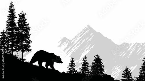 Bear on mountain range simple black silhouette vector isolated on white background  -  