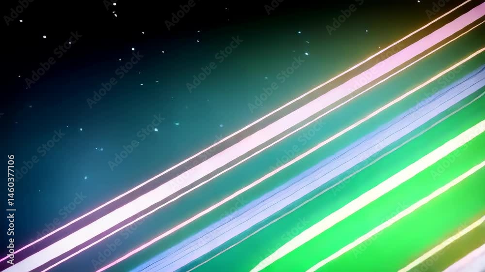Bright colorful parallel stripes of light streak diagonally across dark background with vivid neon glows and luminescent motion, abstract energetic design.