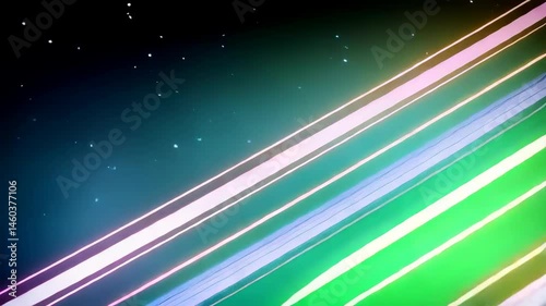 Bright colorful parallel stripes of light streak diagonally across dark background with vivid neon glows and luminescent motion, abstract energetic design.