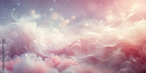 Ethereal Pink and White Swirling Cloudscape with Glimmering Lights, Ideal for Dreamy Backgrounds and Fantasy Designs