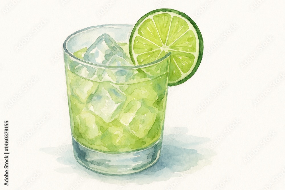 Watercolor painting showcasing a vibrant green cocktail filled with ice cubes and garnished with a fresh lime slice, creating a refreshing and inviting image