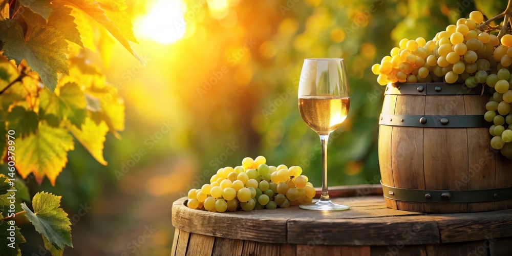 Fototapeta premium Golden Hour Vineyard Delight A Glass of White Wine, Ripe Grapes, and Rustic Wooden Barrels at Sunset