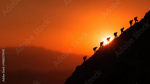 Adventurous Climbers Ascending Mountain Against Beautiful Sunset