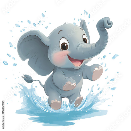 Cartoon Elephant Splashing Water Isolated on Transparent Background