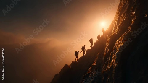 Adventurous Climbers Scale Steep Mountain Against Sunset Glow