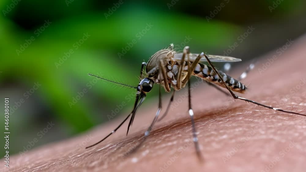 Close up shows a mosquito biting human skin, displaying its proboscis and patterned legs, set against a blurry green outdoor background.