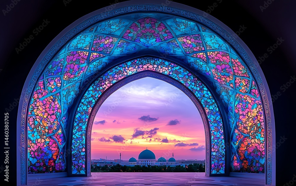 Naklejka premium Majestic Sunset Through a Vibrant Stained-Glass Archway