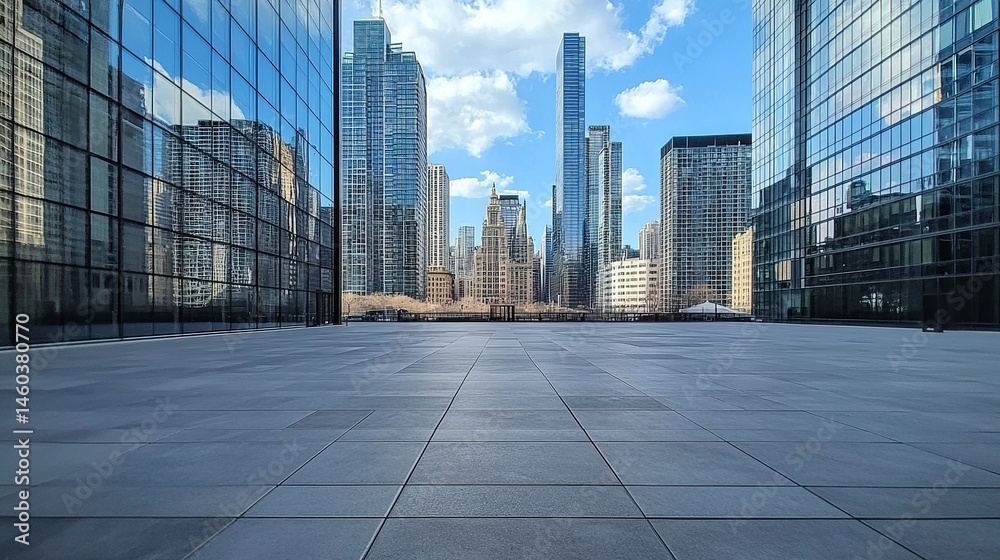 Fototapeta premium Wide concrete ground leading to tall glass office buildings in downtown, expansive open space providing a clear area for copy. 