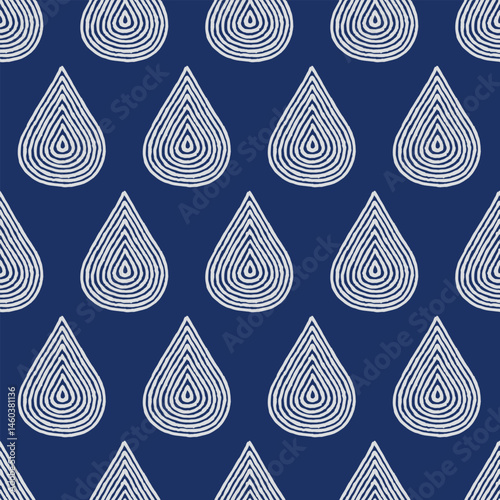 Hand drawn brush lines abstract raindrops seamless pattern in blue and white, Japanese and ethnic folk wood carving, block print texture background, simple graphic for carpet, textile
