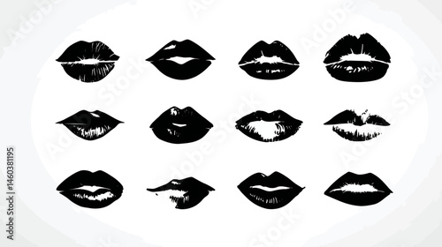 Cartoon lips set simple black silhouette vector isolated on white background  -  
