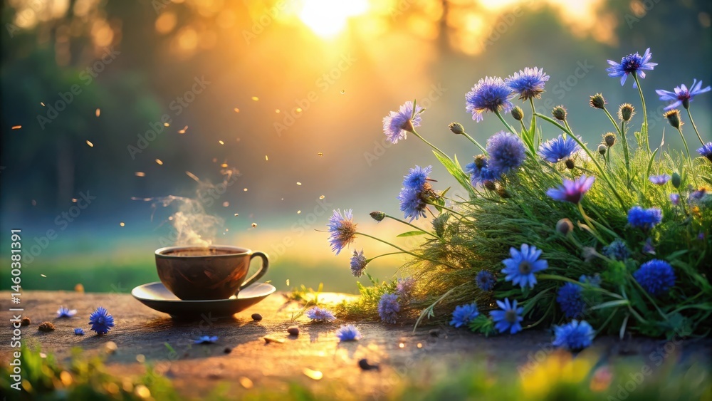 Serene Sunrise A Warm Cup of Coffee Nestled Amongst a Delicate Cluster of Vibrant Blue Flowers, Bathed in Golden Sunlight