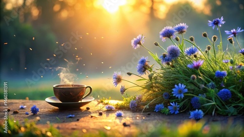 Obraz na płótnie Serene Sunrise A Warm Cup of Coffee Nestled Amongst a Delicate Cluster of Vibrant Blue Flowers, Bathed in Golden Sunlight w salonie