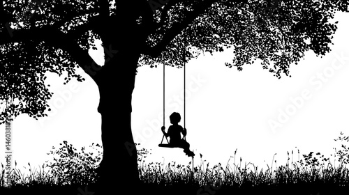 Child on swing hanging from tree silhouette vector isolated on white background  -  